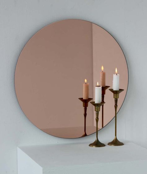 Modern Gold Round Mirror, Bronze Mirror Wall, Cowboy Living Room, Mirror Wall Design, Peach Mirror, Disco Cowboy, Minimalist Rose, Round Gold Mirror, Rose Mirror