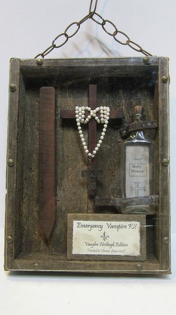 Emergency Vampire Kit Vaughn Heslingk Edition | Flickr - Photo Sharing! Vampire Slayer Kit Diy, Vampire Bar, Vampire Diy, Vampire Kit, White Rosary, Vampire Party, Cedar Box, Halloween Vampire, Vintage Bottle