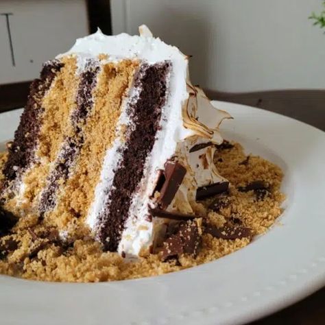 S'mores Cake with Marshmallow Filling Smores Cake Recipe, Homemade Smores, S'mores Box, Marshmallow Topping, Marshmallow Filling, Marshmallow Cake, Sweet Thoughts, Smores Cake, Rich Chocolate Cake