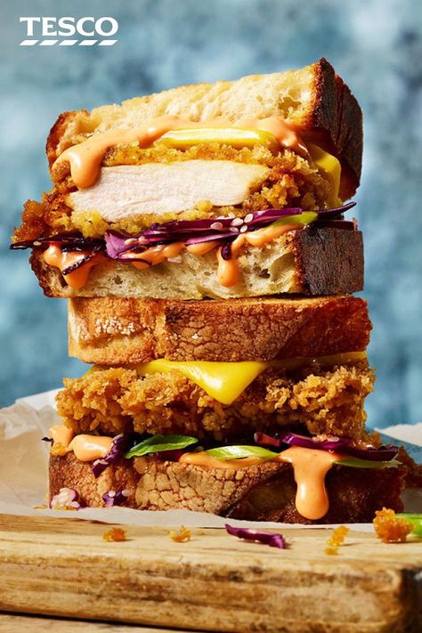 Chicken Toastie Ideas, Sando Photography, Sandwich Advertising, Toastie Recipes, Katsu Sauce, Katsu Chicken, Katsu Sando, Toasted Sandwich Recipes, Japanese Sandwich