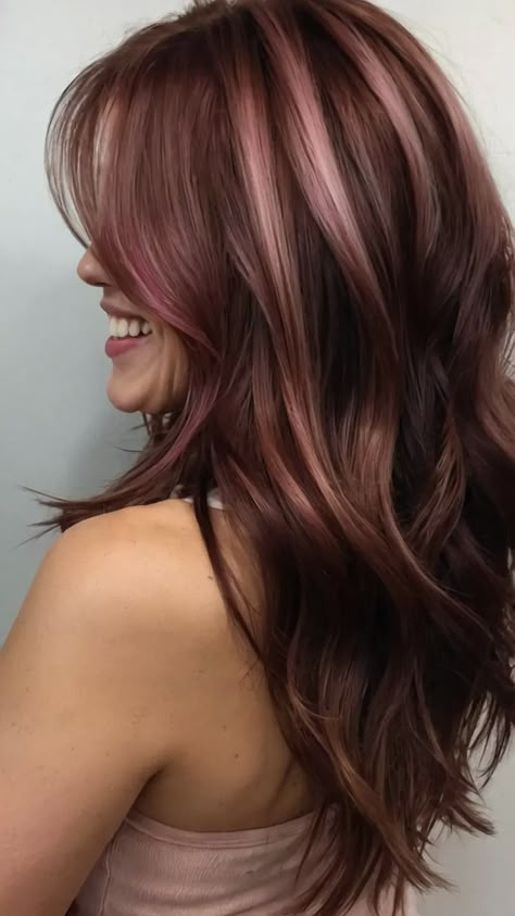 Hairstyles Dye Ideas, Pink And Red Hair Highlights, Covering Highlights Hair, Hair Dye Chunky Highlights, Red And Pink Highlights On Dark Hair, Red Pink Highlights In Brown Hair, Light Pink And Dark Brown Hair, Foiled Hair Color Highlights, Dark Burgundy Hair With Blonde Highlights