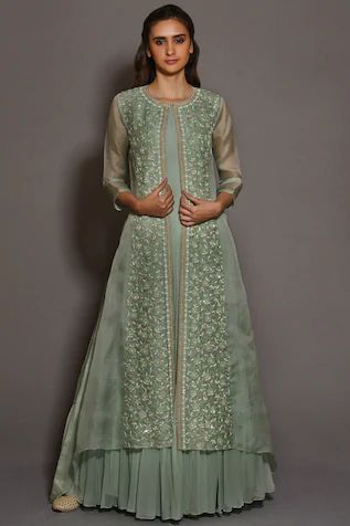 Pleated Anarkali with Jacket Anarkali With Jacket, Kurti With Jacket, Long Jackets For Women, Kurti Neck Designs, Cat Fashion, Indian Couture, Embroidered Neckline, Anarkali Dress, Indian Attire