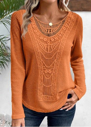 ROTITA Lace Terracotta Round Neck Long Sleeve T Shirt | Rotita.com - USD $29.98 Autumn Fashion Over 40, Clothes Sweatshirts, Blouse Outfit Casual, Extreme Knitting, Crochet Top Dress, Rad Clothes, Fall Fashion Ideas, Womens Trendy Tops, Trendy Tops For Women