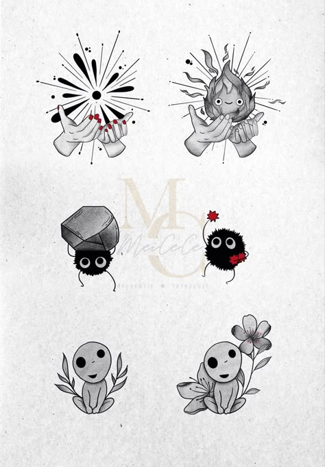 Creative Matching Tattoos For Best Friends, Studio Ghibli Best Friend Tattoos, Matching Tattoos Studio Ghibli, Studio Ghibli Tree Spirits Tattoo, Kodama Tree Spirit Tattoo, Studio Gibley Tattoos, Studio Ghibli Flash Sheet, Anime Sibling Tattoos, Matching Ghibli Tattoos