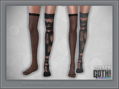 The Sims Resource - Oh My Goth - Mismatched Socks. Sims 4 Cc Goth Shoes, Sims Cc Clothes Goth, Sims 4 Socks Cc, Sims 4 Knee High Socks, Goth Cc The Sims 4, Thigh Highs Sims 4 Cc, Fishnet Stockings Sims 4 Cc, Sims 4 Goth Boots, Goth Socks