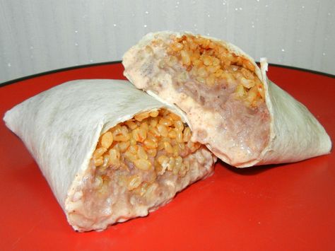 copy cat taco bell cheesy bean and rice burrito Cheesy Bean And Rice Burrito, Rice Burrito Recipe, Bean And Rice Burrito, Rice And Bean Burrito, Rice Burrito, Bean And Cheese Burrito, Bean And Rice, Bean Rice, Refried Beans Recipe