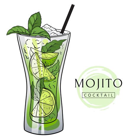 Cocktail Vector Illustrations, Mojito Logo, Mojito Drawing, Aesthetic Mojito, Mojito Illustration, Drinks Drawing, Cocktail Tattoo, Mojito Glass, Cocktails Aesthetic