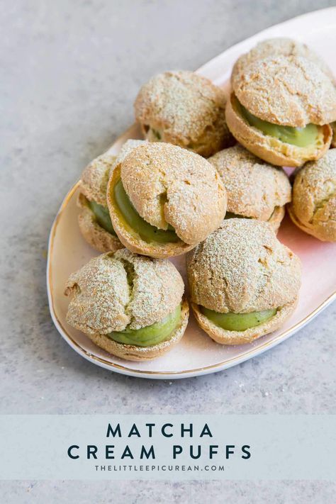 Matcha Cream Puff, Matcha Custard, Cream Puff Dessert, Matcha Dessert Recipes, Matcha Cream, Puff Dessert, Matcha Dessert, Cream Puff Recipe, The Matcha