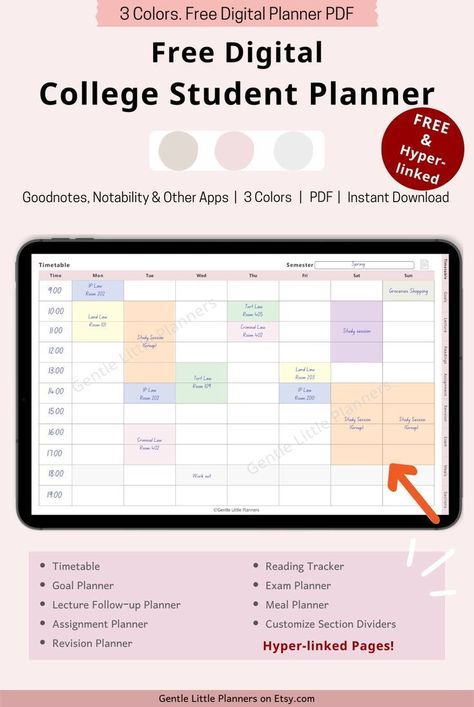 Free Student Planner Digital for College Organization | Goodnotes Study Planner Template University Timetable, Free Student Planner, Study Timetable Template, Study Planner Template, College Student Organization, Student Daily Planner, University Planner, Exam Planner, College Schedule