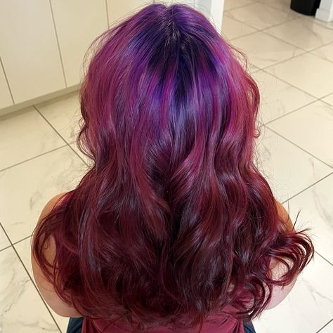 👾🌄🌺🍇✨💕🪻🫧 this color was sooo much fun to do, the contrast and dimension looks like raspberry ice cream or something yummy 😋 this was my clients first time getting an all over color, as we have done red balayage in the past but nothing with lightener… we were both sooo excited 💜 I used @wellahair magma colored lighteners for a full foil of different colored highlights, as an under painting to the finished product. I laid @pulpriothair on top of this, hand blending the overlaying color 🖤 this... Red Purple Ombre Hair, Purple And Red Hair Ombre, Purple And Red Hair, Under Painting, Full Foil, All Over Color, Red Ombre Hair, Purple Ombre Hair, Raspberry Ice Cream