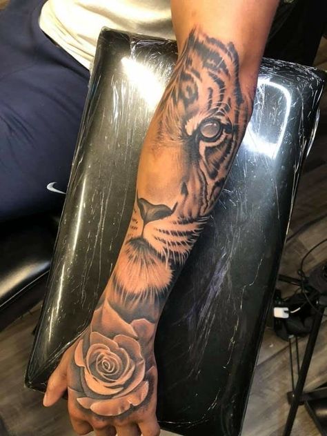 Forarm Tattoos Top, Top Forearm Tattoo For Men, Outside Forearm Tattoo Men Sleeve, Forearm Tattoo Men Sleeve, Tiger Forearm Tattoo, Calf Sleeve Tattoo, Memorial Tattoo Ideas, Unique Half Sleeve Tattoos, Full Hand Tattoo