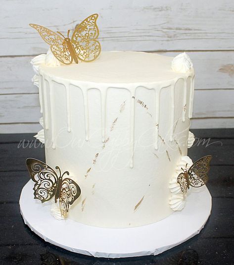 Cake Designs For Women, White Drip Cake, Gold Butterfly Cake, Cake Drip, Butterfly Cake, Butterfly Cakes, Drip Cake, Drip Cakes, Gold Butterfly