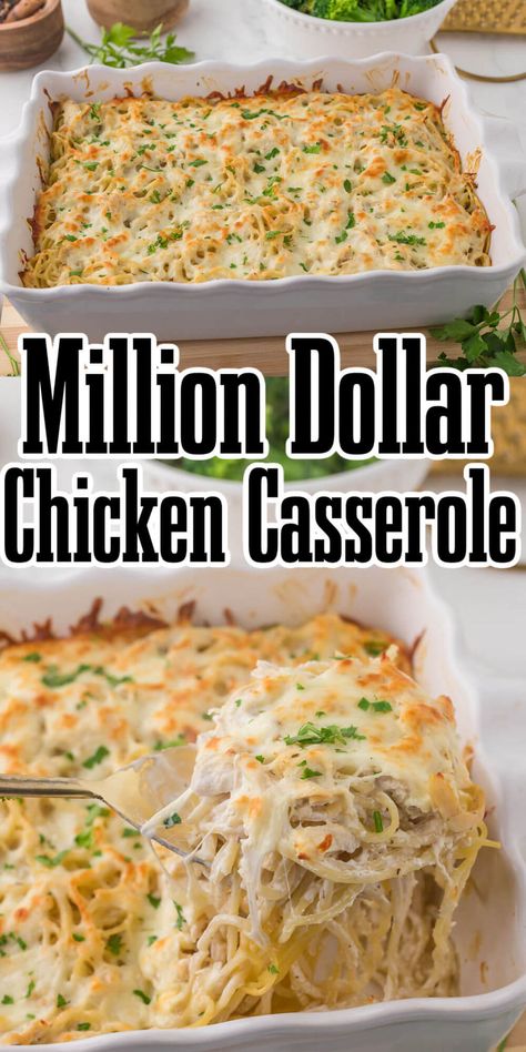 Move over Mac n Cheese this Million Dollar Chicken Casserole will be the family favorite! Loaded with cheese, this is a great meal! Million Dollar Chicken Casserole, Million Dollar Chicken, Chicken Spaghetti Casserole, Chicken Breast Recipes Baked, Oven Chicken, Rotisserie Chicken Recipes, Chicken Main Dishes, Easy Casserole Recipes, Chicken Recipes Casserole