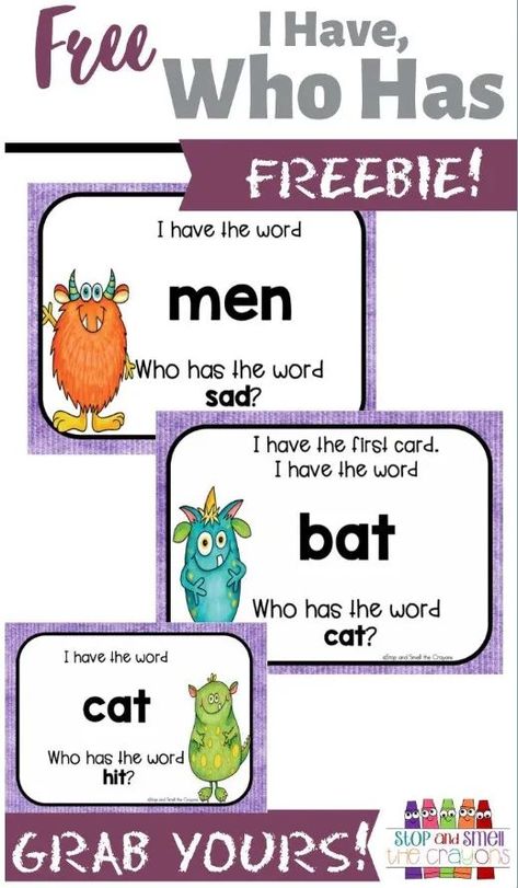 This FREE "I Have, Who Has" download is great for Kindergarten or 1st grade students. Click to grab this great freebie with a monster theme. It's great for CVC sight words. Grab your copy for Kinders or first graders today! #CVC #CVCWords #DistanceLearning Kinder Literacy Centers, Senior Infants, School Finds, Literacy Centres, Cvc Activities, Cvc Words Kindergarten, Teaching Spelling, Library Activities, Monster Theme