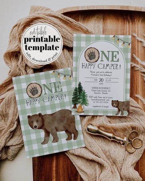 Celebrate your little boy's first birthday with our Happy Camper Bundle! This editable one-bundle includes adorable national park-themed invitations, perfect for a backyard camping or camper-themed birthday party. With easy customization, this first birthday suite makes party planning a breeze. Download and print to add delightful camper decorations and set the stage for a bear hunt adventure. Make your little camper's 1st birthday one to remember! #eventplanning #partyplanning #birthdayparty... Camping 1st Birthday, Camper Decorations, One Happy Camper First Birthday, Beary First Birthday, One Happy Camper, Bear Hunt, Woodland Bear, Birthday Themes For Boys, Backyard Camping