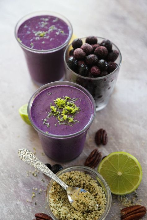 Zesty Hemp Blueberry Smoothie - Cooking With Parita Blueberry Smoothie, Plant Milk, Blueberries Smoothie, Afternoon Snack, Vegan Smoothies, Lime Zest, Healthy Smoothie, Raw Food, Hemp Seeds