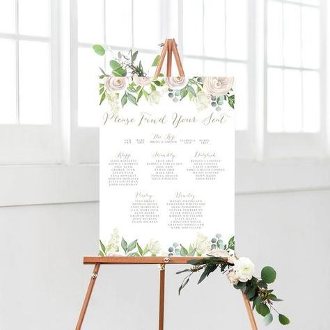 Table Plan Table Plan Canvas White Floral With Foliage | Etsy One Table Wedding, One Table Wedding Reception, Find Your Seat Sign, Floral Wedding Table, Laura James, Wedding Reception Seating, Seating Chart Template, Wedding Table Plan, Table Plan