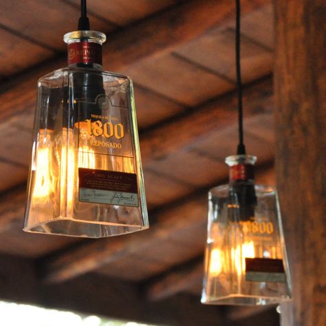 Recycled 1800 Tequila Bottle Pendant Lamps Diy Bottle Lamp, Unique Candle Holders, Tequila Bottles, Bottle Lamp, Diy Bottle, Bottle Lights, Patio Lighting, Liquor Bottles, Décor Diy