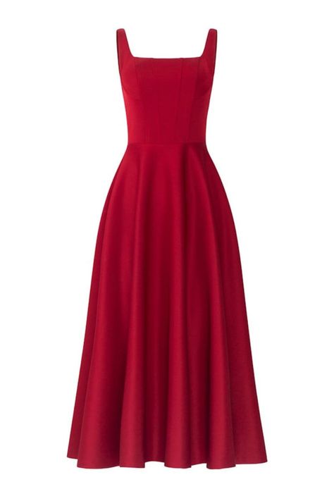 LILIANA RED TAFFETA U-LINE DRESS | 21Six | CULT MIA Red Dress Mid Length, U Neck Dress, Simple Red Dress Casual, Red Office Dress, Romantic Body Type Outfit, Red Dress Midi, Happy Clothes, Red Dresses Classy, Red S