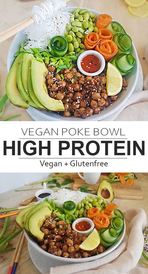 Chickpea Poke Bowl, Poke Bowl Recipe Vegetarian, High Protein Poke Bowl, Protein Poke Bowls, Vegan Poke Bowl Recipe, High Protein Sushi Bowl, Veggie Poke Bowl, Poke Bowl Vegetarian, Aip Bowls