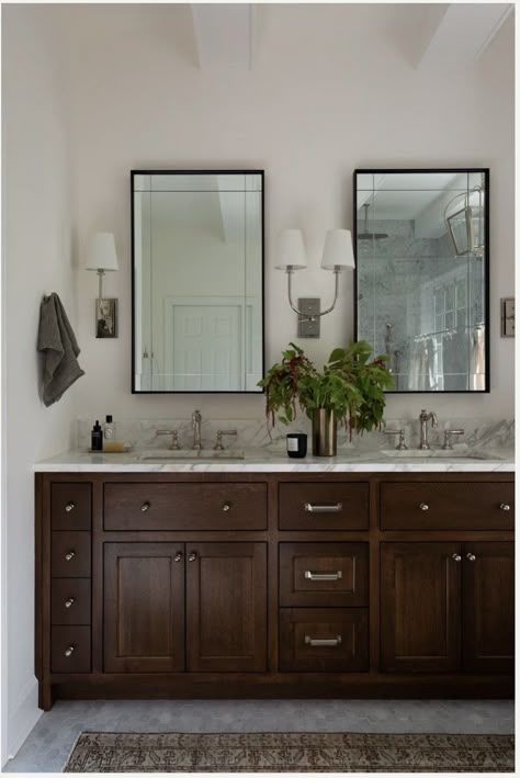 Bathroom Ideas With Wood, Dark Wood Vanity, Dark Brown Bathroom, Vanity Bathroom Mirror, Alma Homes, Dark Wood Bathroom, Bathroom Shower Design, Buckhead Atlanta, Wood Bathroom Vanity