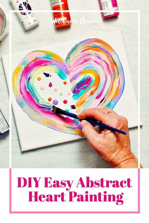 :sparkling_heart::art: Get some creativity going with this adorable & easy-to-make DIY Abstract Heart Painting! Kids of all ages (yes, adults too!) can create their own masterpiece, making it unique with their choices of color and decoration. This canvas painting idea is the perfect art project for a classroom learning about color. You can use it for a group or party, it makes a fun DIY gift or wall decoration for everyone to take home! Let's get painting! Valentine Paint Crafts For Kids, Easy Valentines Canvas Painting, Easy Paint Ideas For Kids, Heart Canvas Ideas, Valentine Canvas Painting For Kids, Easy Abstract Painting Ideas On Canvas, Valentines Day Canvas Painting Diy, Heart Painting Easy, Painting Hearts On Canvas