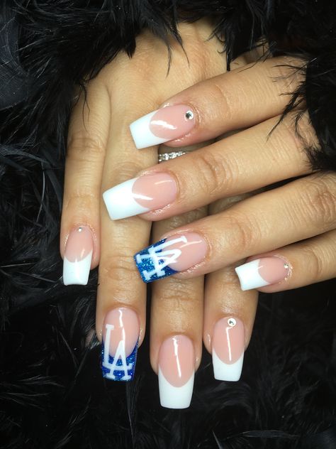 Dodger’s Nails La Dodgers Nails, Dodger Acrylic Nails, Los Angeles Dodgers Nails, Dodger Blue Nails Acrylic, Dodgers Nails Designs, Dodgers Nails, Dodger Nails Designs, Dodger Nails, Dodger Shirts For Women