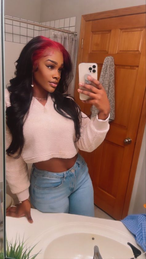 Color Roots Wig, Reverse Ombre Hair Black Women, Colored Roots, Red Roots Black Hair, Red To Black Ombre Hair Reverse, Red Roots Black Hair Wig, Ombre Hair Black Women, Black Roots Red Hair, Reverse Ombre Wig