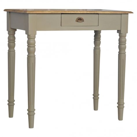 Featuring an oak effect finish top complemented by a handpainted grey finish this console table will fit perfectly in any style of home.  #consoletables #table #console #frenchconsoletable #shabbychicconsoletable #antiquefrenchconsoletable #antiqueconsoletable #furnituredesign #betterhomesandgardens #antiquefurniture #luxuryinteriors #luxurydecor #passion4interior #frenchfurniture #shabbychic #shabbychicfurniture #styleathome #roomforinspo #homesdirect365 #homeinspiration #decor #homesweethome Painted Writing Desk, Wooden Writing Desk, Vintage Writing Desk, Vintage French Style, Writing Desk With Drawers, Wood Writing Desk, Artisan Furniture, Mid Century Desk, Grey Desk