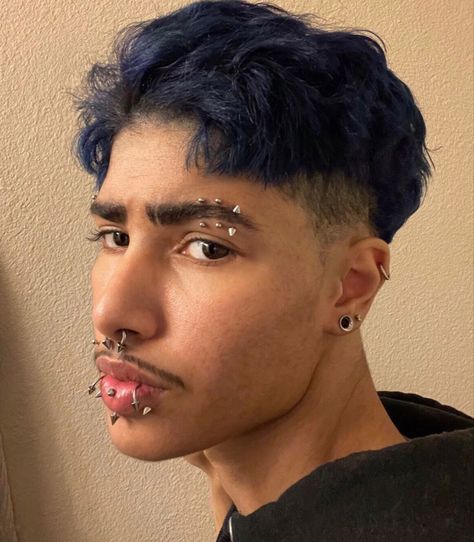 Mens Hair Aesthetic, Mens Face Piercings, Face Piercings Aesthetic Men, Face Piercings Men, Men With Nose Piercing, Men With Face Tattoos, Dark Blue Hair Men, Gauged Ears Men, Guy With Piercings