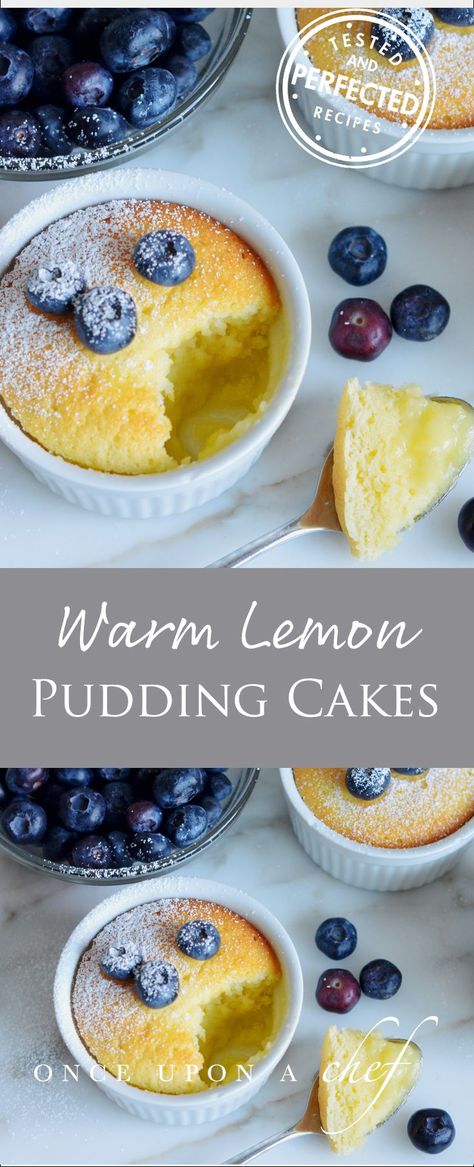 Warm Lemon Pudding Cakes-dble for 9 X 13 Chef Desserts, Ramekin Recipe, Pudding Cakes, Lemon Pudding Cake, Dessert Oreo, Coconut Dessert, Lemon Pudding, Chow Mein, Pudding Cake