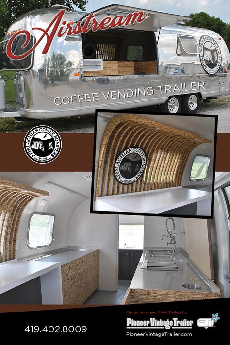 New coffee vending trailer created by Pioneer Vintage Trailer for the Appalachian Coffee Roasters in Hollisdaysburg, PA.  Stop by and check'em out!! Airstream Coffee Trailer, Coffee Stand Trailer, Coffee Trailer Business Plan, Vintage Camper Coffee Trailer, Drive Thru Coffee Trailer, Vending Trailer, Food Trailers, Food Stand, Coffee Trailer