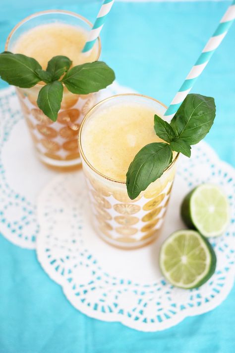 Peach and Basil Frozen Daiquiri Peach Basil, Peach Daiquiri, Frozen Daiquiri, Fun Drinks Alcohol, Frozen Summer, Recipes For The Whole Family, Pop Fizz Clink, Light Rum, Mixed Drinks Recipes