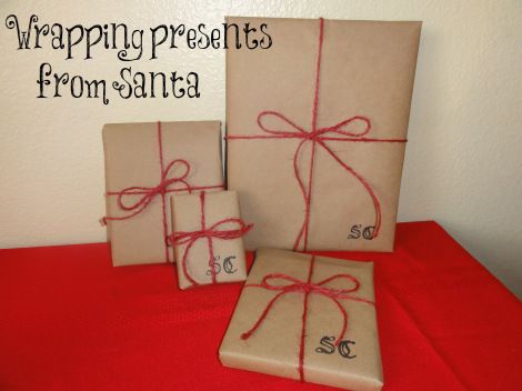 How To Wrap Gifts From Santa, Santa Wrapped Presents, Santa Presents Wrapping, Presents From Santa Wrapping, Santa Wrapping Ideas, Presents From Santa, Santa Wrapping, Santa Stamp, Wrapped Presents