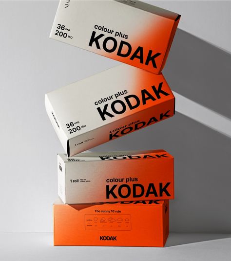 kodak packaging box stack Minimal Box Packaging, Delivery Box Design, Gradient Packaging, Sports Packaging, Innovative Packaging Design, Tech Packaging, Shopping Packaging, Stacking Boxes, Strong Typography