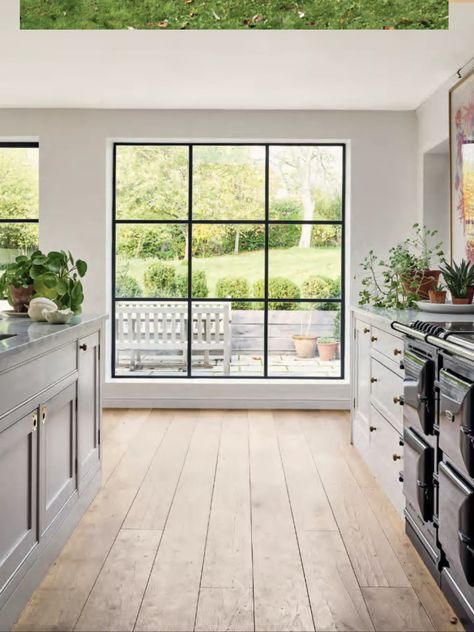 White Brick Tiles, Whitewashed Brick, Plain English Kitchen, Crittal Doors, Georgian Farmhouse, Hampshire House, Crittal Windows, Oak Parquet Flooring, Metal Windows