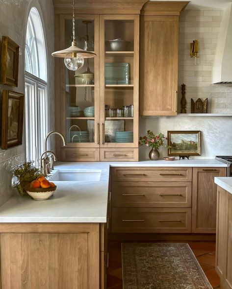 Kitchen design inspiration Cabinets That Sit On Countertop, All Wood Cabinets, Oak Cabinets Marble Countertops, Wood Shelf In Kitchen, Open Shelving Next To Kitchen Window, Smoked Oak Kitchen Cabinets, Light Wood Kitchen Design, White Oak Kitchen Cabinets With Dark Floors, Kitchen Design Wooden Cabinets