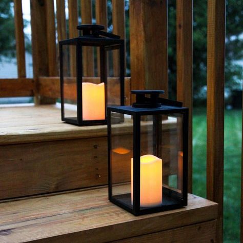 Tall Glass Paneled 11" Black Metal Flameless Lantern with Timer, Set of 2 Rustic Outdoor Benches, Stool Makeover, Entryway Stairs, Solar Light Crafts, Lantern Outdoor, Wavy Edges, Outdoor Lantern Lighting, Lantern Candle Decor, Led Pillar Candle