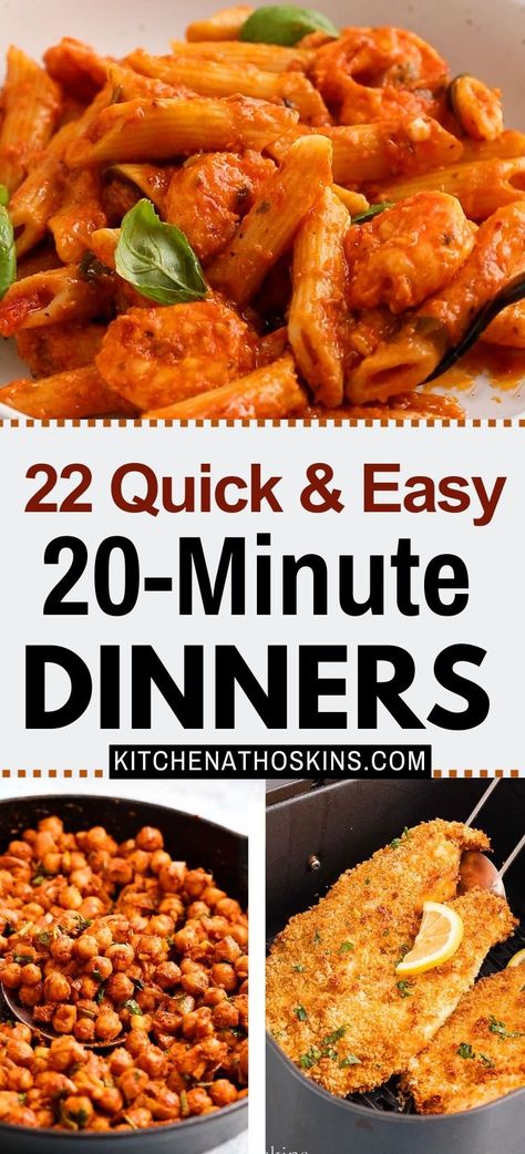 Discover easy 20 minute dinner recipes for family that are mostly healthy, quick, perfect for busy weeknights and are ready in 20 minutes or less. You will find easy meals using chicken, tenders, burgers and also seafood dishes like shrimp and tilapia along with vegetarian dinners like 5 ingredient pasta for an easy dinner solution. Get the best 20 minute dinner ideas at kitchenathoskins.com. Quick 30 Minute Dinner Ideas, Dinner Under 30 Minutes, Healthy 20 Minute Meals, Dinner With Little Ingredients, Recipes For Lazy People, Lazy Girl Dinner Easy Recipes, Quick Dinner For 2 Simple Easy Meals, 5 Min Dinner, Simple Weekday Dinners