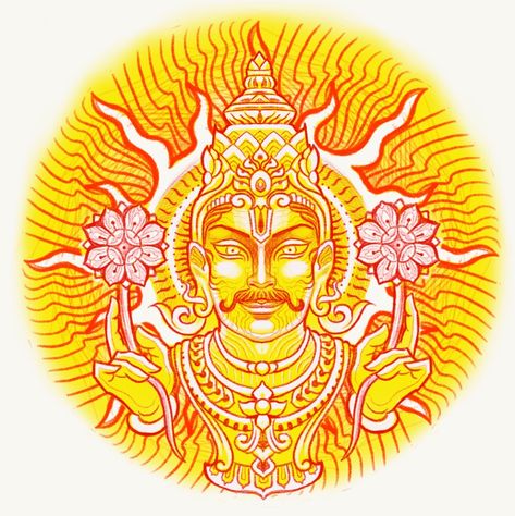 An illustration of Surya the Sun God from Hindu Mythology Surya Sun God, Surya Tattoo Design, Surya God Images, Sun God Drawing, Sun Rangoli, Surya Tattoo, Sun God Tattoo, Nav Grah, Sun God Art