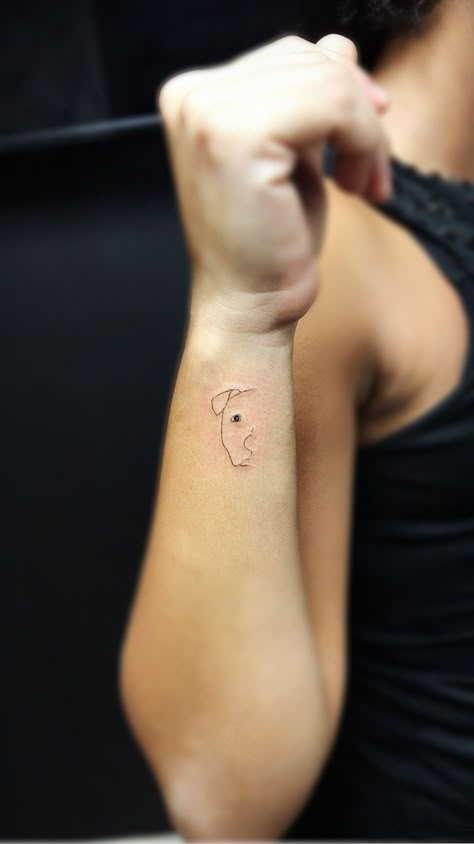 Tattoo dog #tattoo #dog #pitbull #pitbulllove Dog Memorial Tattoos Pitbull, Tiny Pitbull Tattoo, Creative Dog Tattoo Ideas, Pitbull Dog Tattoo Ideas, Dog With Ball Tattoo, Custom Dog Tattoo, Minimalist Pitbull Tattoo, Dog Owner Tattoo Ideas, Staffy Outline Tattoo