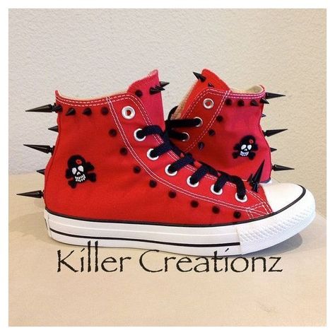 New Custom spiked red Converse Chuck Taylors with black spikes and... ❤ liked on Polyvore Customized Converse, Converse Style Women, Skull Patch, Converse Run, Spike Shoes, Red Converse, Girls Converse, Kinds Of Shoes, Diy Shoes