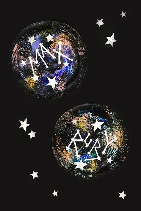 This constellation process art project uses everyday household items to create your kids' names in the stars! Outer Space Art Projects, Space Art Projects For Kids, Diy Constellation, Constellation Name, Constellation Craft, Outer Space Crafts, Space Art Projects, Kids Letters, Letters Ideas