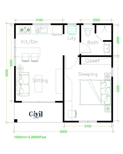 Beautiful Tiny House Plan Ideas For Your Inspiration - Engineering Discoveries Gable Roof House, One Bedroom House Plans, One Bedroom House, Small House Layout, Modern Small House Design, Tiny House Plan, Small House Floor Plans, Simple House Plans, Single Room