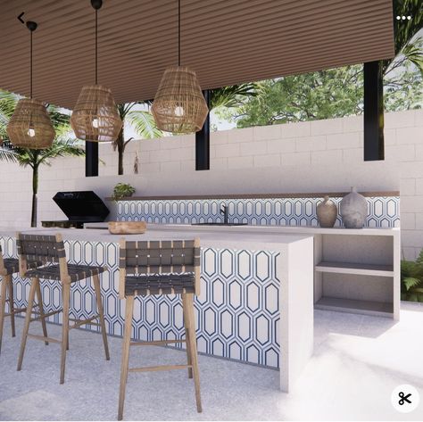 Tile Backsplash Outdoor Kitchen, Tile Bbq Island, Outdoor Kitchen With Tile Wall, Backyard Kitchen And Bar, Tiled Outdoor Area, Tiled Outdoor Kitchen, Mediterranean Outdoor Kitchen, Outdoor Kitchen Tile, Outdoor Tile Ideas