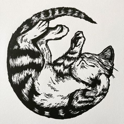 Cat Engraving Illustration, Two Headed Cat Drawing, Woodcut Cat Tattoo, Loaf Cat Tattoo, Cat Related Tattoos, Dancing Cat Tattoo, Striped Cat Tattoo, Lino Print Cat, Cat Printmaking