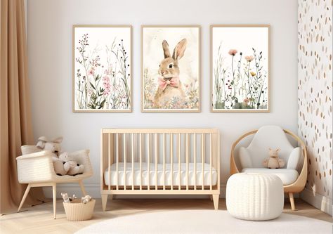 FRAMES ARE NOT INCLUDED, PRINTS ONLY Set of 3 Boho Bunny Nursery Wall Art Wildflower Prints. Prints are printed on a high quality 275gsm professional paper with professional equipment.  The prints will stand the test of time. Wrapped in tissue paper and rolled into a cardboard triangular tube. All of the packaging used is plastic free, too! The prints are available in the following sizes:- A5 A4 A3 A2 A1 Available in either a matte or lustre finish.    Estimated lead time is 3-5 working days bef Girls Floral Nursery, Boho Nursery Art, Bunny Nursery Art, Wildflower Nursery, Girls Nursery Floral, Boho Wildflower, Floral Nursery Decor, Rabbit Nursery, Bunny Nursery