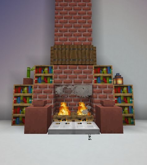 Simple Minecraft fireplace design using bricks and bookshelves Brick Fireplace Minecraft, Chimney Minecraft, Minecraft Fireplace Design, Minecraft Fireplace Ideas, 2023 Fireplace, Fireplace Minecraft, Minecraft Fireplace, Minecraft Brick, Bookshelf Fireplace