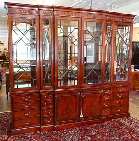 Millender Furniture Mahogany Bookcase Breakfront China Cabinet After Robert Adam Dimensions : 108" Wide X 94" Tall X 21" Deep This  gorgeous breakfront was made by Millender Furniture which was a high  end furniture based in NC. This breakfront is after the English  Breakfront by Robert Adam and is called their Robert Adam Model. Retail  for this piece was over $30,000. This is their highest end model and the  quality is excellent! Gorgeous mahogany grain and oak secondary wood!  The dovetails are finely made and the breakfront offers tons of storage  with shelves with plate groves as well as drawers! Lights on top to  illuminate the cabinet! PLEASE NOTE SHIPPING IS NOT INCLUDED IN THE PRICE Please contact us for details on how to arrange delivery at 908 489 6370. NJ residents are subject Breakfront China Cabinet, Robert Adam, Mom Kitchen, Mahogany Bookcase, Kitchen Hutch, High End Furniture, Accent Wall Decor, Wall Unit, Beautiful Kitchens