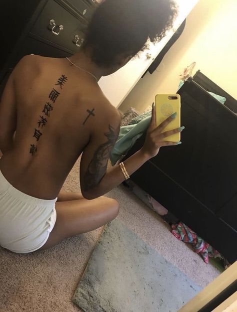 Spine Tattoos Japanese Letters, Chinese Letter Spine Tattoo, Spine Tattoos For Women Japanese Letters, Korean Spine Tattoo, Spine Tattoos For Women Chinese Symbols, Japanese Spine Tattoo Women, Chinese Spine Tattoo, Chinese Back Tattoo, Japanese Spine Tattoo